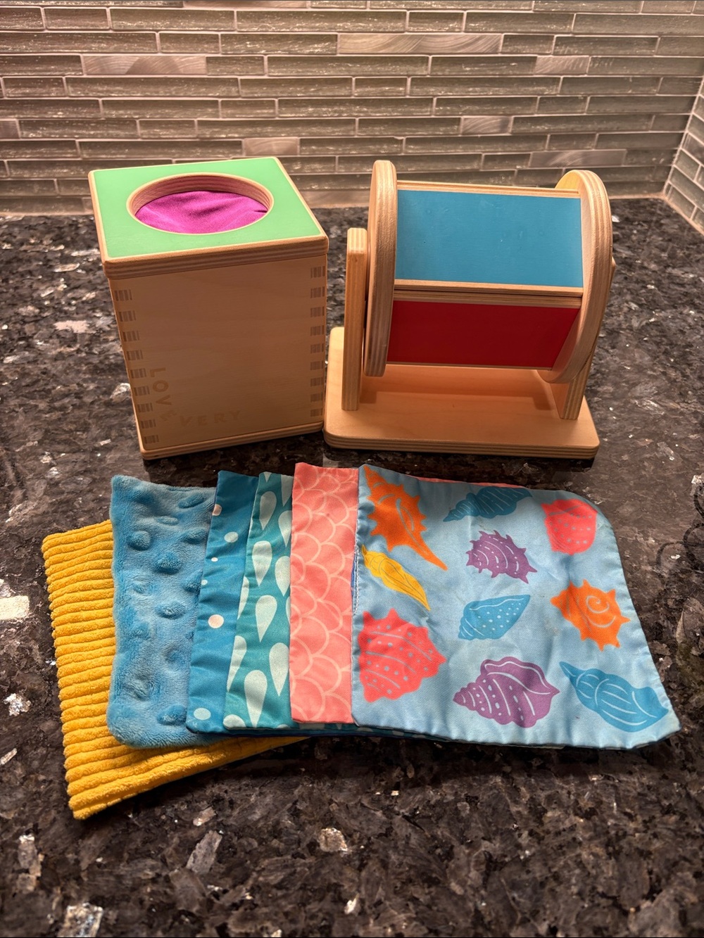 Wooden Sensory Toy Set with Colorful Fabric Square - Blue, Pink, Yellow